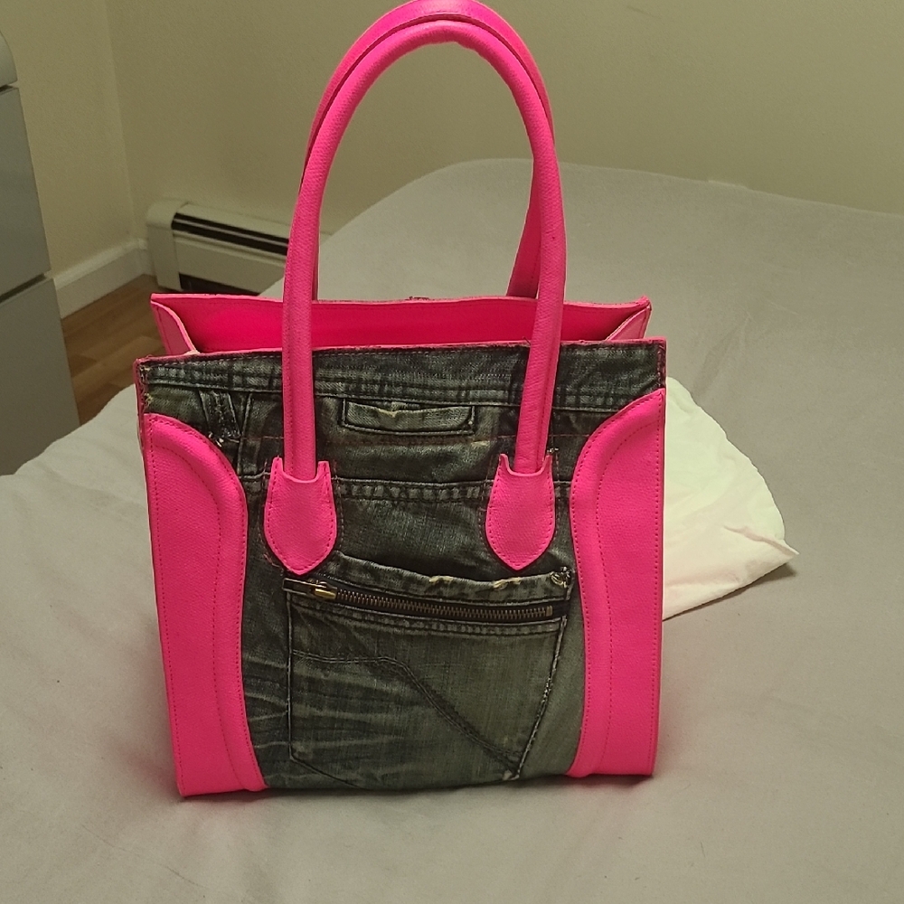 Hot Pink Genuine Leather And Denim Handbag Nwot